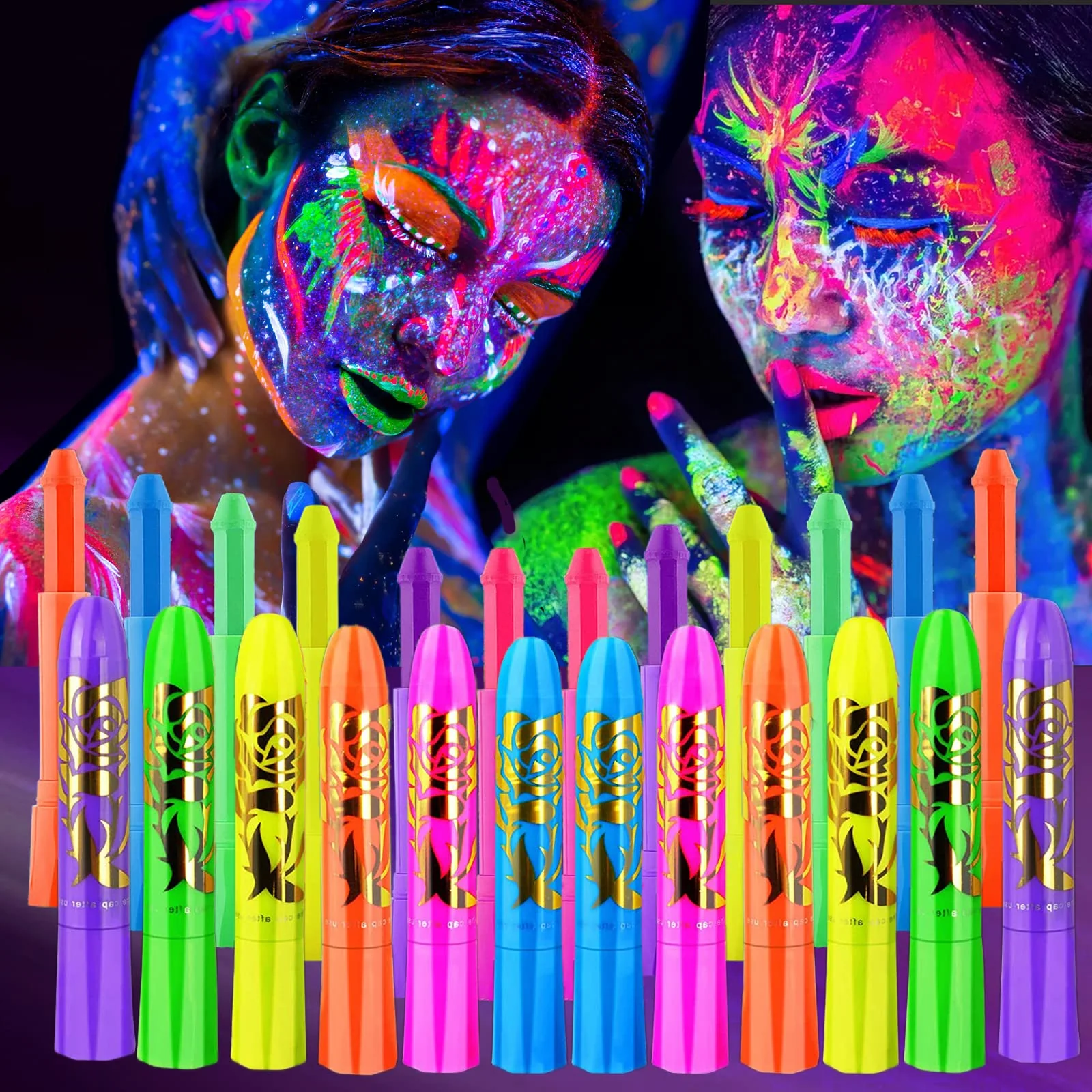 Advanced 12 PCS Glow Face Body Paint Glow In The Dark Under UV Black Light Sticks Makeup Neon Face Painting Kits for Adult Halloween Festival Accessory Glow Consistent
