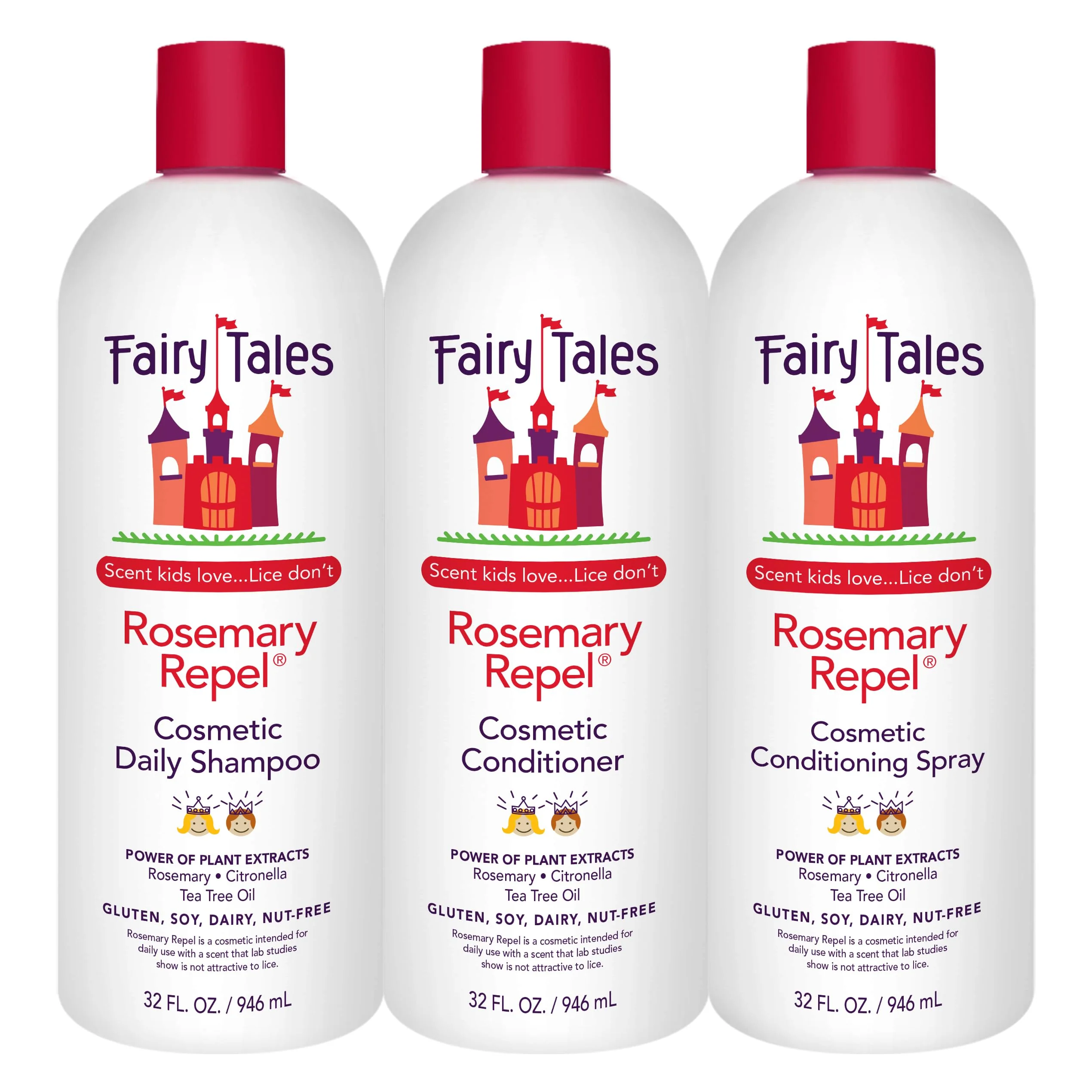 Refined Fairy Tales Rosemary Repel Daily Kids Shampoo Conditioner Conditioning Spray Refill Trio- Kids Like the Smell Lice Do Not Certified