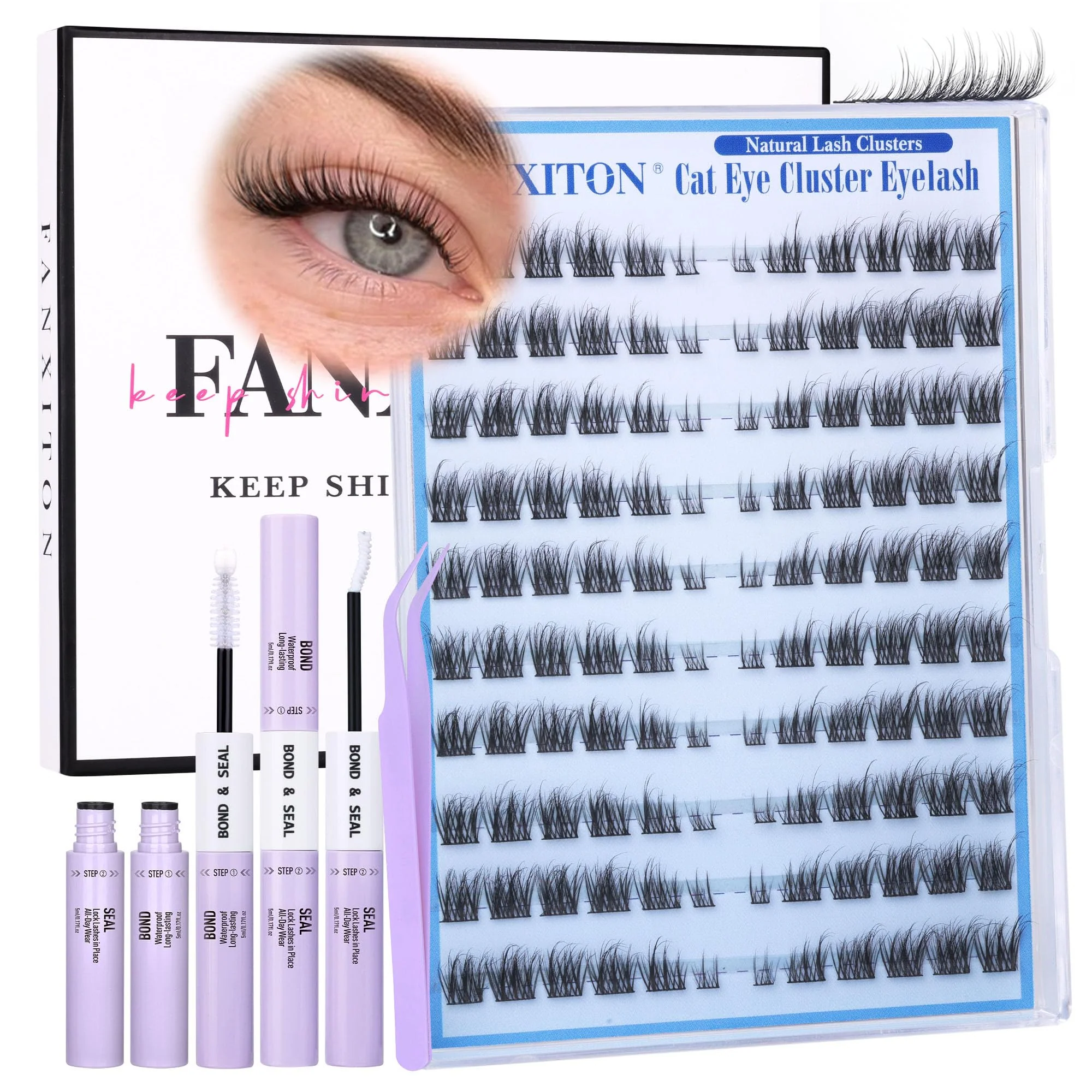 Top-Quality Natural Lash Clusters Kit Cat Eye Wispy DIY Lash Extension Kit Wispy Clusters Eyelash Extension Kit Thin Lash Band Individual Lashes Lash Bond Durable