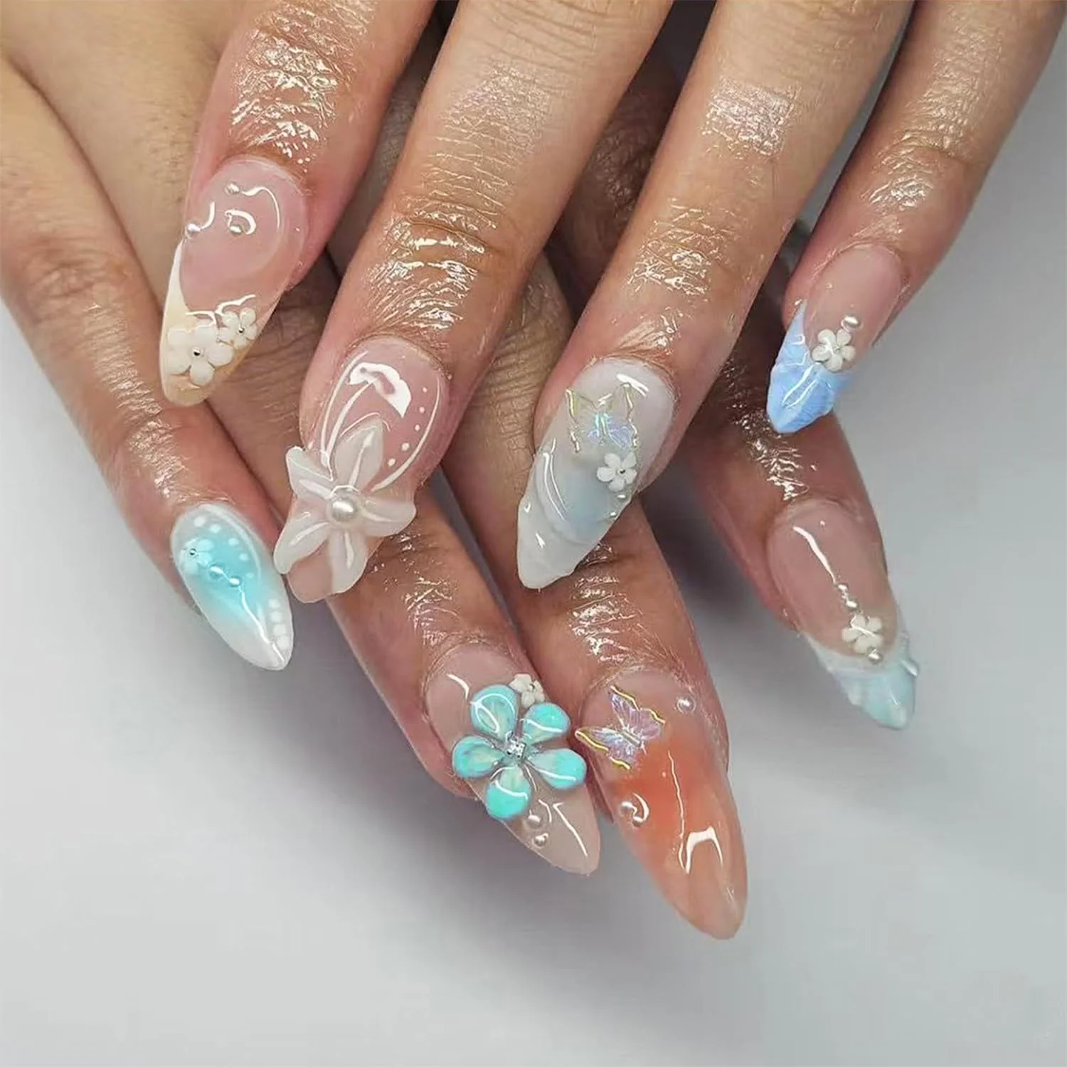Consistent 24pcs Pink Press on Nails Medium Almond Fake Nails with Small Flower Rhinestones Pearl Designs French False Nails Bow Stick on Nails Summer Floral High-End