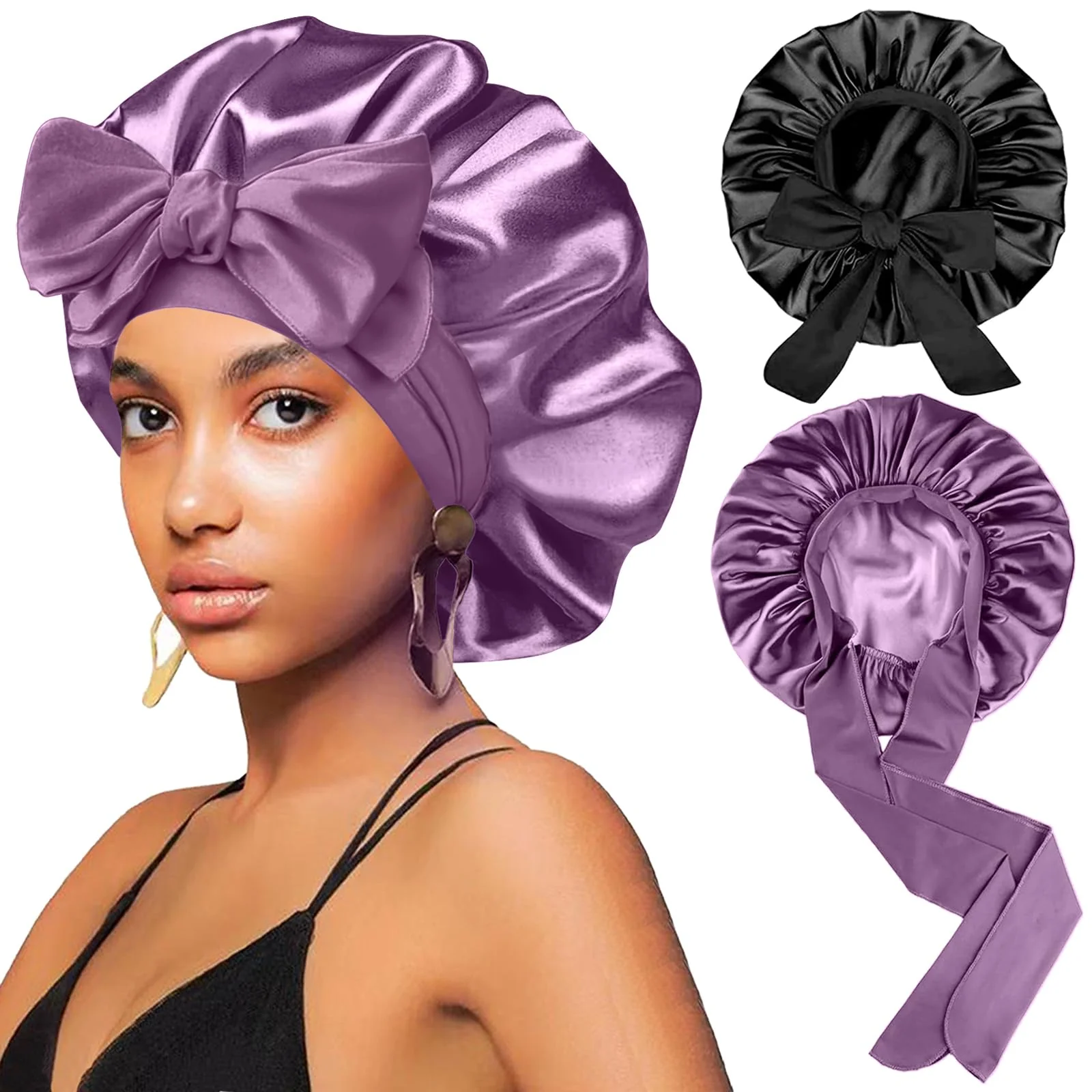 Sustainable 2Pcs Silk Hair Satin Bonnet for Sleeping Women Large Satin Sleep Bonnets for Women with Elastic Tie Band Silk Hair Wrap with Ajustable Straps Night Secure