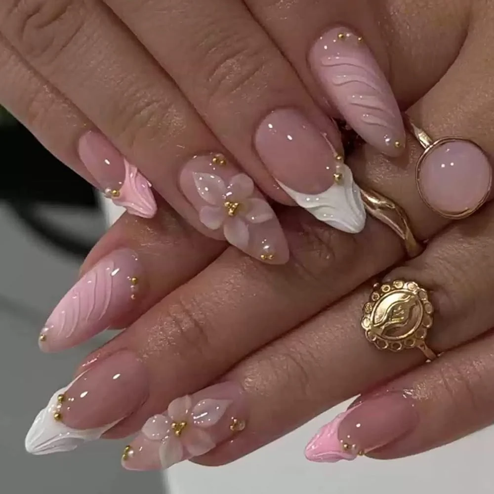 Lightweight FJSMTOPl Flower Press on Nails Pink Fake Nails Mudium Almond False Nails Press ons with 3D Floral Design Stick on Nails Spring Handmade Acrylic Glue Enhanced