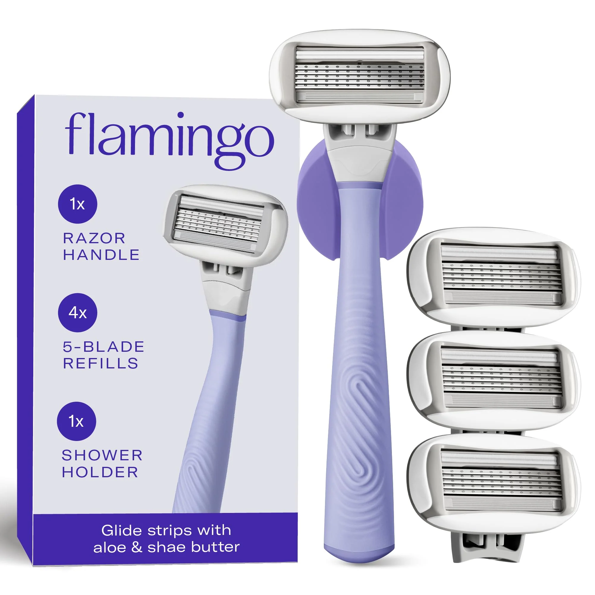Practical Flamingo Shaving Razor Set for Women - Razor Handle 4 Blade Refills and Shower Holder - Lilac Environmentally Friendly