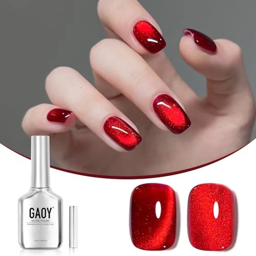 Fine GAOY Red Cat Eye Gel Nail Polish 16ml Glitter Holographic Nail Polish with Magnet Reflective Translucent UV Gel 2907 Ruby Twilight Elegant