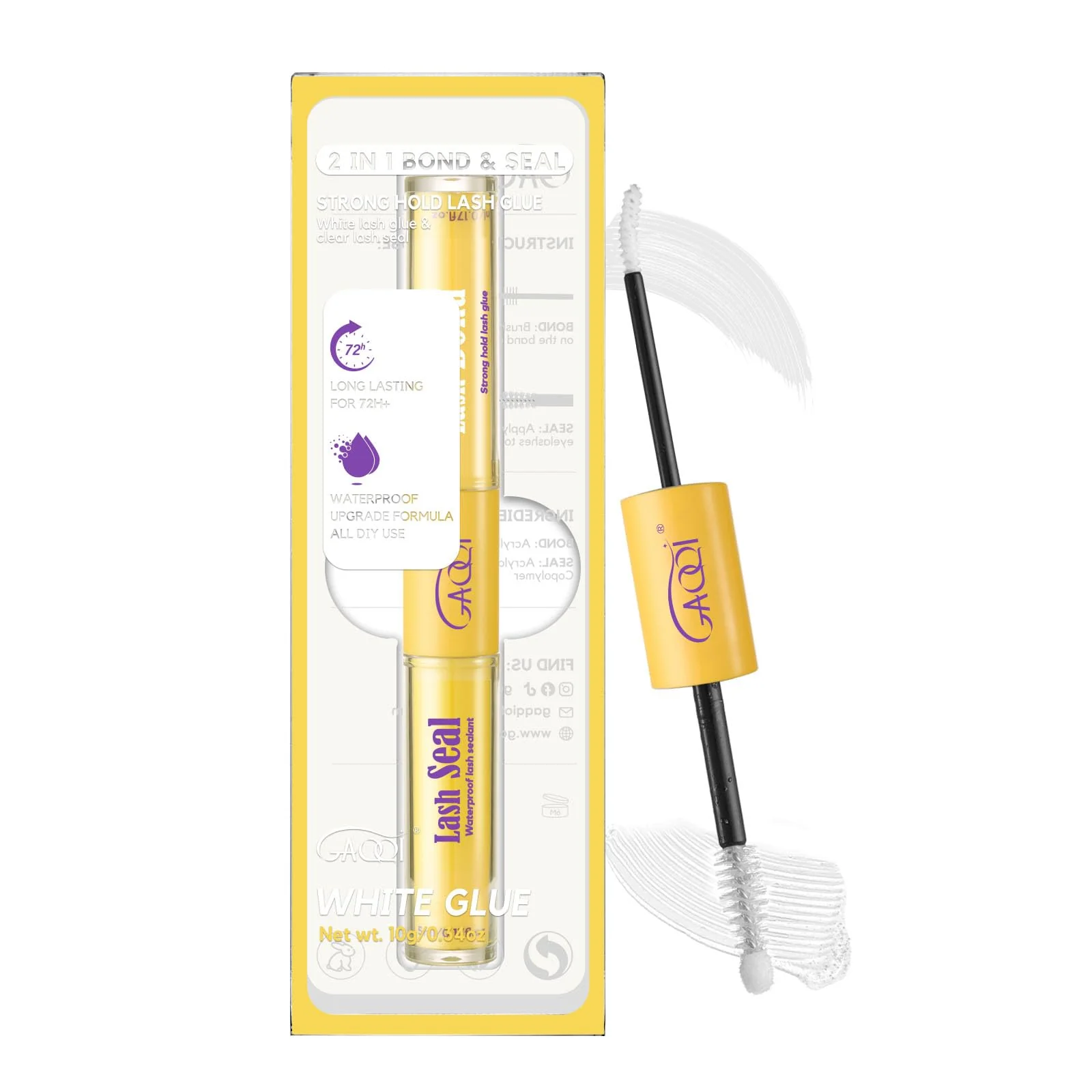 Smooth GAQQI Lash Bond and Seal Waterproof Lash Cluster Glue Strong Hold for 72H White Eyelash Glue for DIY Eyelash Extensions Long-Lasting Gentle Sophisticated