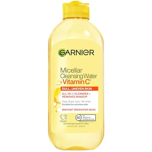 High-Performance Garnier Micellar Water with Vitamin C Facial Cleanser Makeup Remover Brightening Hydrating For All Skin Types Vegan Cruelty 13.5 Fl Oz Soft