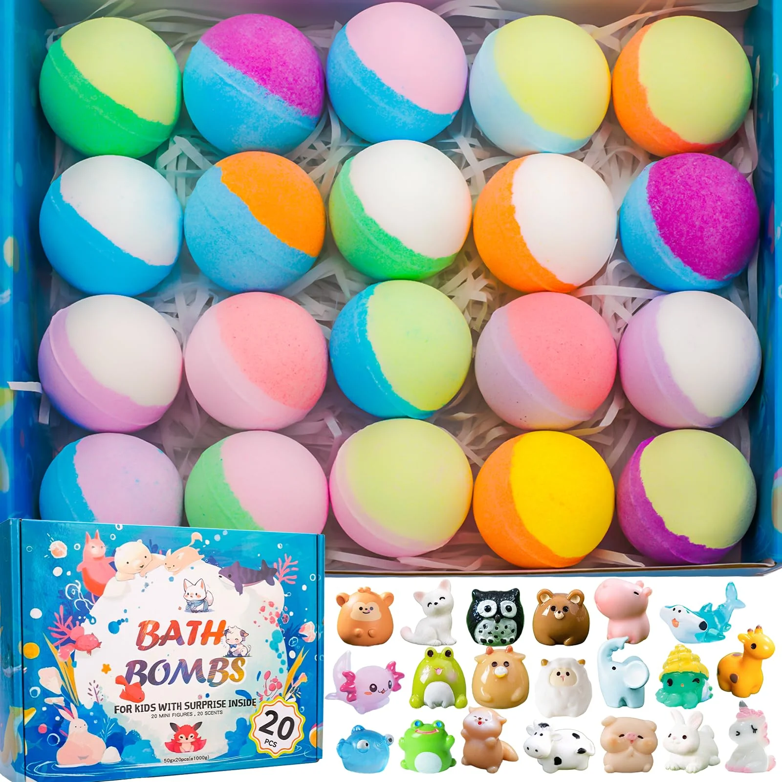 Reusable 20 Pack Bath Bombs for Kids with Surprise Inside Bubble Bath Toys Organic Natural Bath Bombs Set Easter Basket Stuffers Birthday Christmas Gift Professional