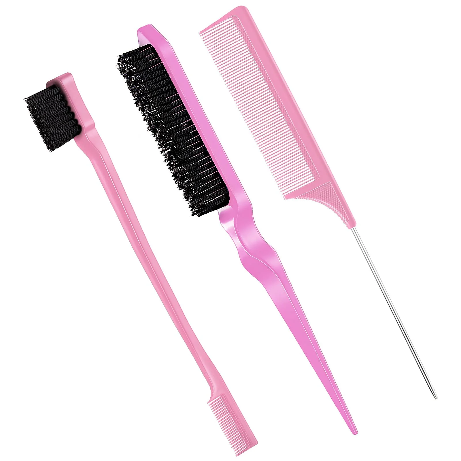 Prestigious Geiserailie 3 Pcs Slick Back Hair Brush Set Bristle Brush Edge Control Teasing Comb for Women Black Hair Light Pink Original