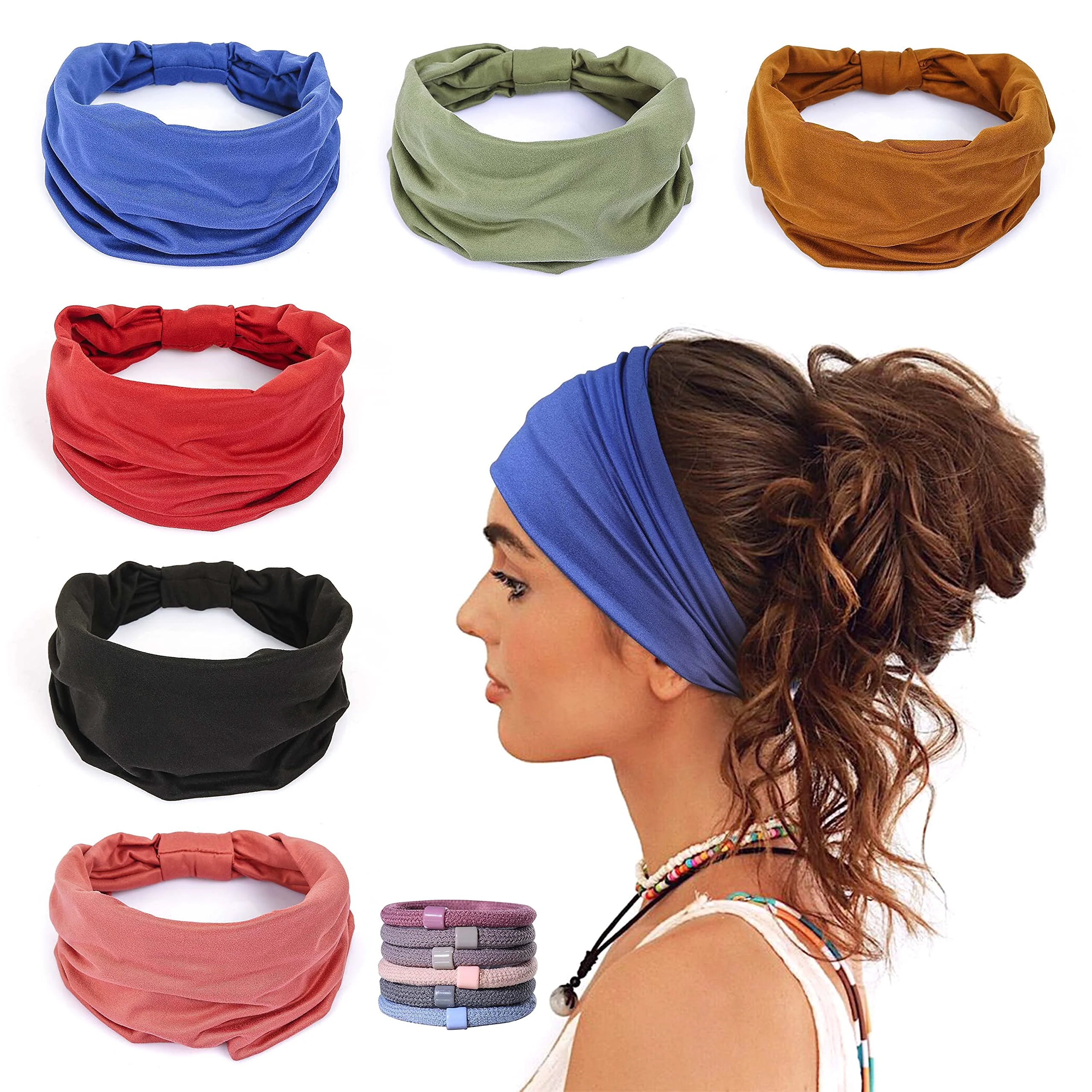 Enhanced GiLi 6 Pack Wide Headbands for Women Non Slip Soft Elastic Hair Bands Yoga Running Sports Workout Gym Head Wraps Knotted Cotton Cloth African Turbans Natural