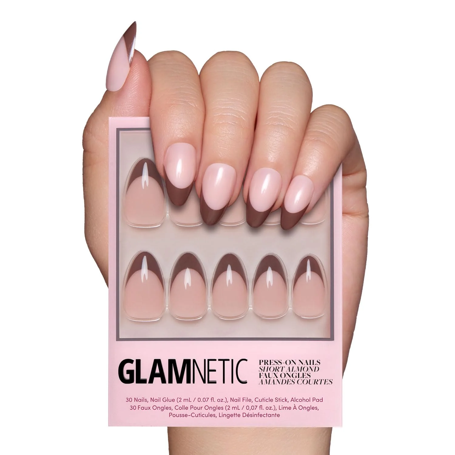 Next-Generation Glamnetic Press On Nails - Chocolat Semi-Transparent Dark Brown French Tip Short Almond Fake Nails in a Glossy Finish Salon Quality 15 Sizes - 30 High-Quality