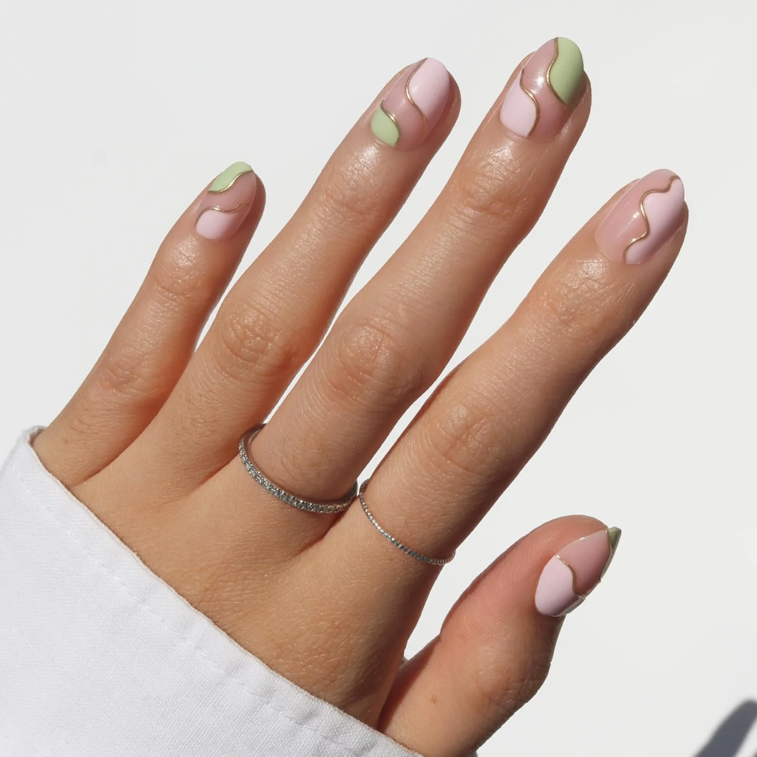 High-Grade Glamnetic Press On Nails - Short Oval Fake Nails Pink Green Swirl Nails with Gold Foil Accents Strawberry Matcha 15 Sizes - 30 Nail Kit Official