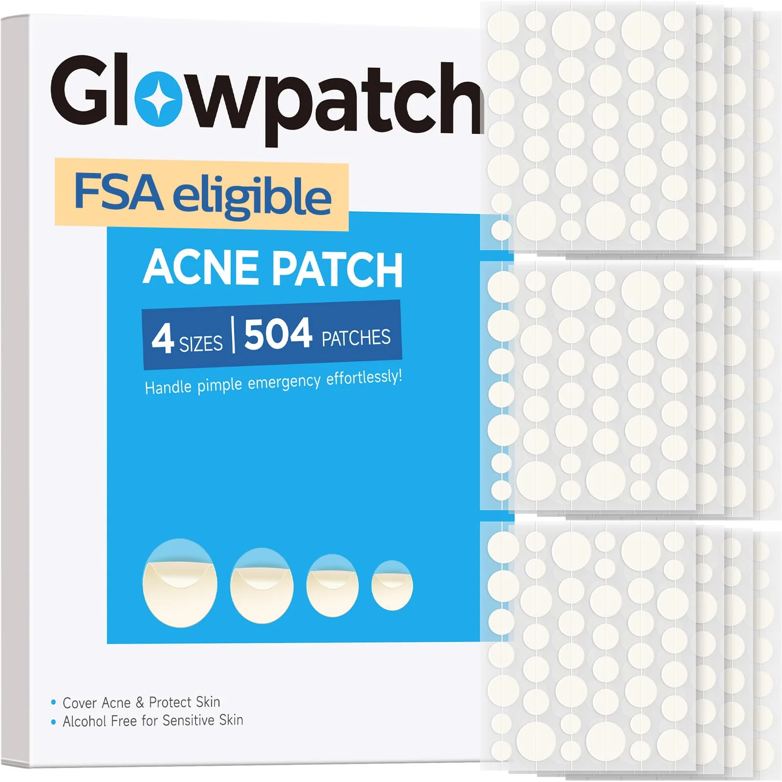Optimized Glowpatch Pimple Patches for Face 504 Count FSA Eligible Acne Patch Bulk Zit Stickers 4 Sizes Hydrocolloid Spot Stickers Clear Acne Dots Safe