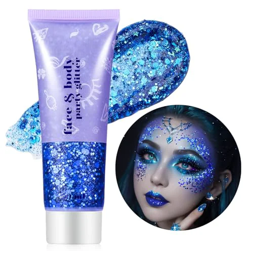 Unique Go Ho Clear Baby Blue Body Glitter Singer Concerts Face Glitter Makeup Holographic Chunky Sequins for Eye Lip Hair Nails Festival Rave Accessories Practical