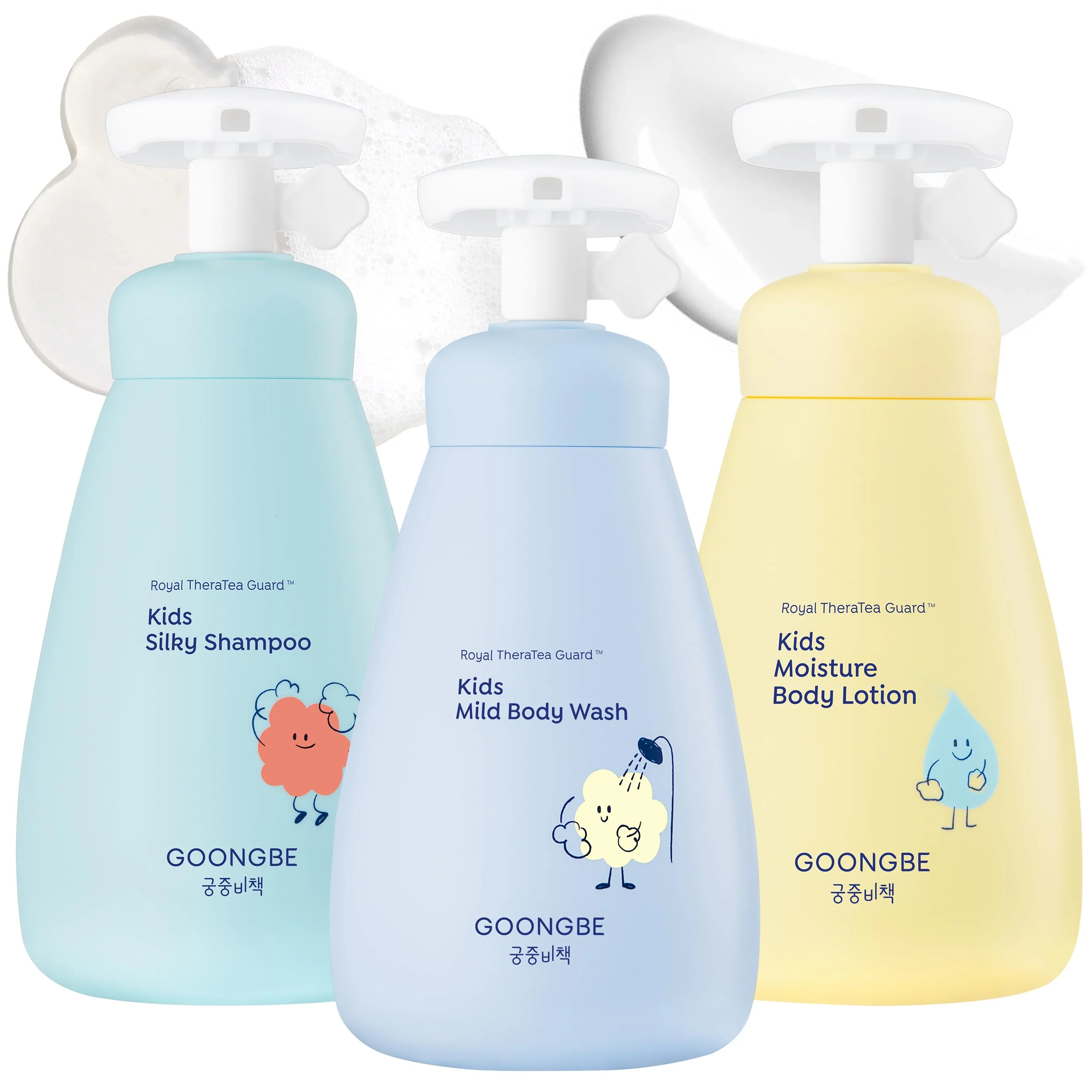 Trendy GOONGBE Kids Hair Body Care Set - Korean Shampoo Body Wash Lotion Bundle - Gentle Hydrating Low pH Formula with Cica Panthenol Macadamia Oil Refined