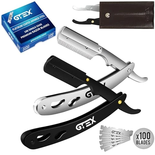 Green Straight Razors For Men 100 GTEX Barber Razor Blades - 2 Professional Single Blade Razors for Men Navajas Para Barbero Straight Edge Razor Barber Flexible