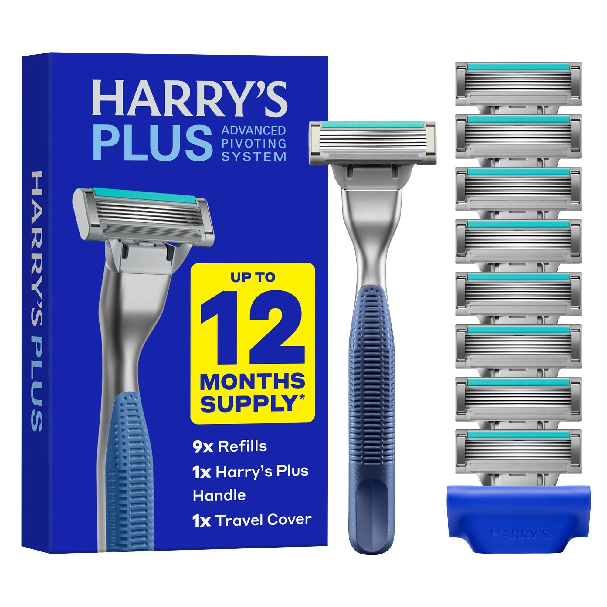 Green Harry's Plus Razor and Blade Value Pack 1 Razor Handle Tide 9 Razor Blade Refill Cartridges- German Engineered- Up to 12 Months of Smooth Shaving Genuine