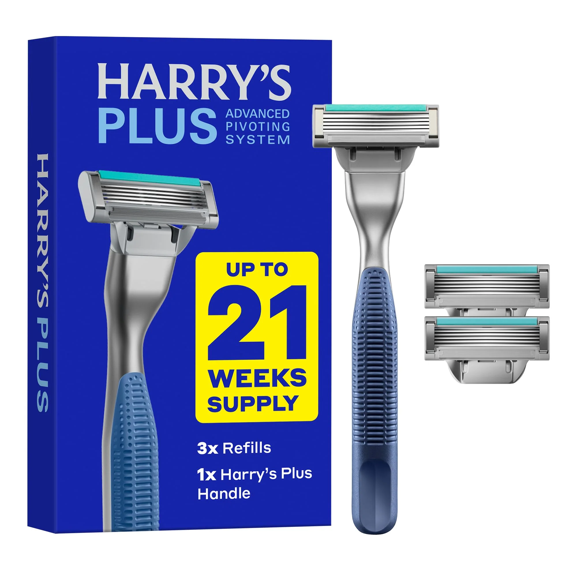 Fine Harry's Plus Razor Shaving Kit for Men - Premium Handle and 3 Razor Blade Cartridges - Advanced Pivoting System - Tide Specialty