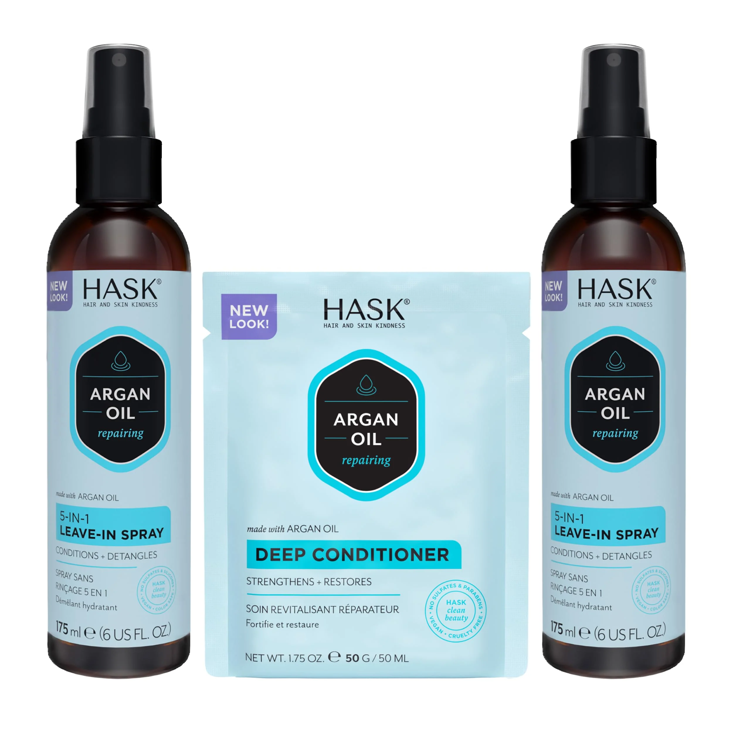 Powerful HASK Argan Oil 5-in-1 Leave-In Conditioner Duo 6oz-Qty 2 Argan Oil Repairing Deep Conditioner Packette Color Safe Sulfate- Paraben- Refined