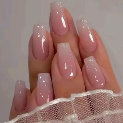 Original Design Hkanlre Bling Coffin Press on Nails Fake Nails Tips Full Cover Medium False Gradient Nails for Women and Girls 24PCS Coffin pink Elite