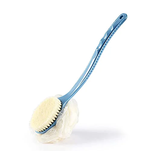 Powerful Shower Body Brush with Bristles and Loofah Back Scrubber Bath Mesh Sponge with Curved Long Handle for Skin Exfoliating Bath Massage Bristles Suitable Optimized