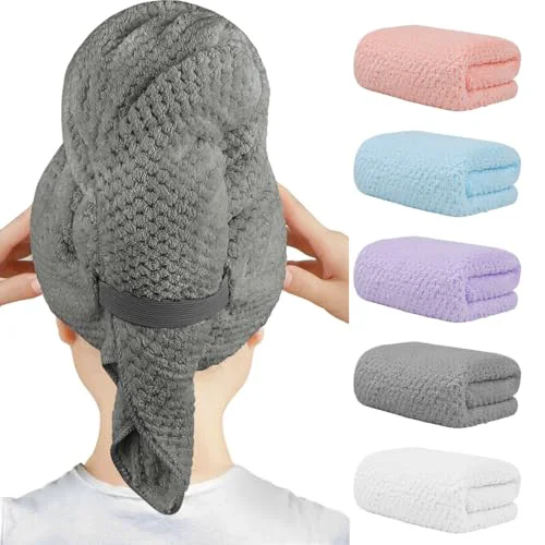 Lightweight HOMEXCEL 5 Pack Microfiber Hair Towels - 40 x 20 inches Super Soft Fast Drying Turbans for Long Thick Curly Hair - Anti Frizz Wrap with Elastic Sustainable