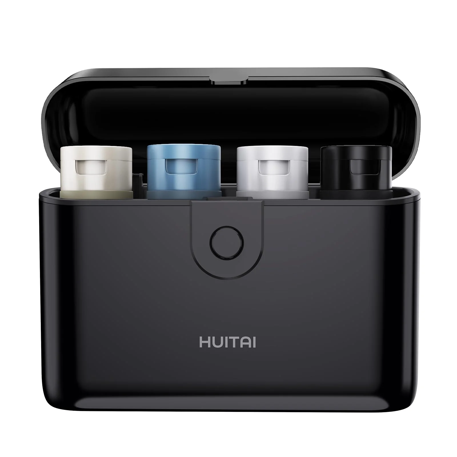 Trendy HUITAI Travel Bottles with Case 4x2oz TSA Leak-Proof Press to Compact Portable Travel Toiletries Black Detailed