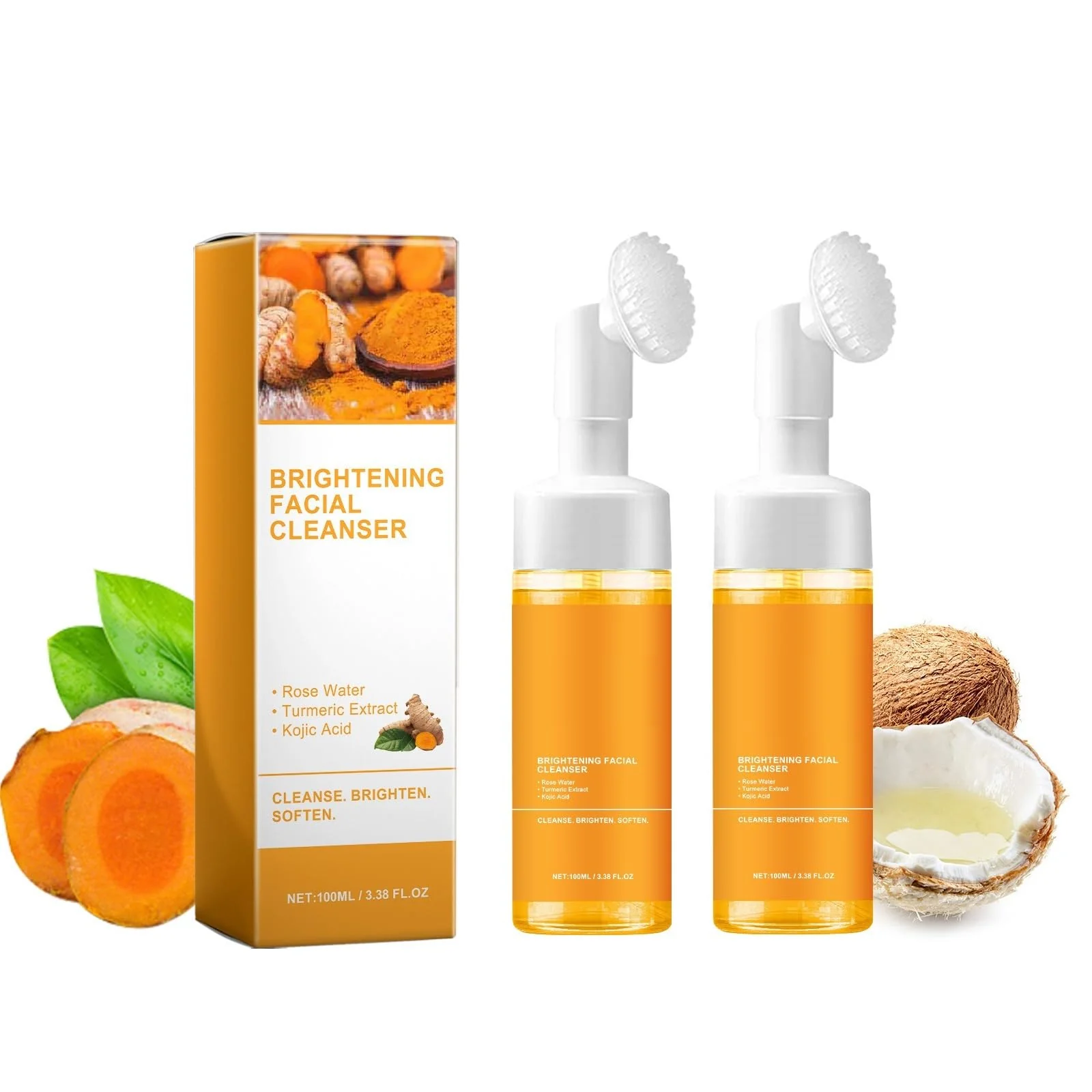 Breathable 2 Pcs Turmeric Foaming Face Wash Deep Cleansing Glow Wash Turmeric Facial Cleanser With Brush. Premium Material