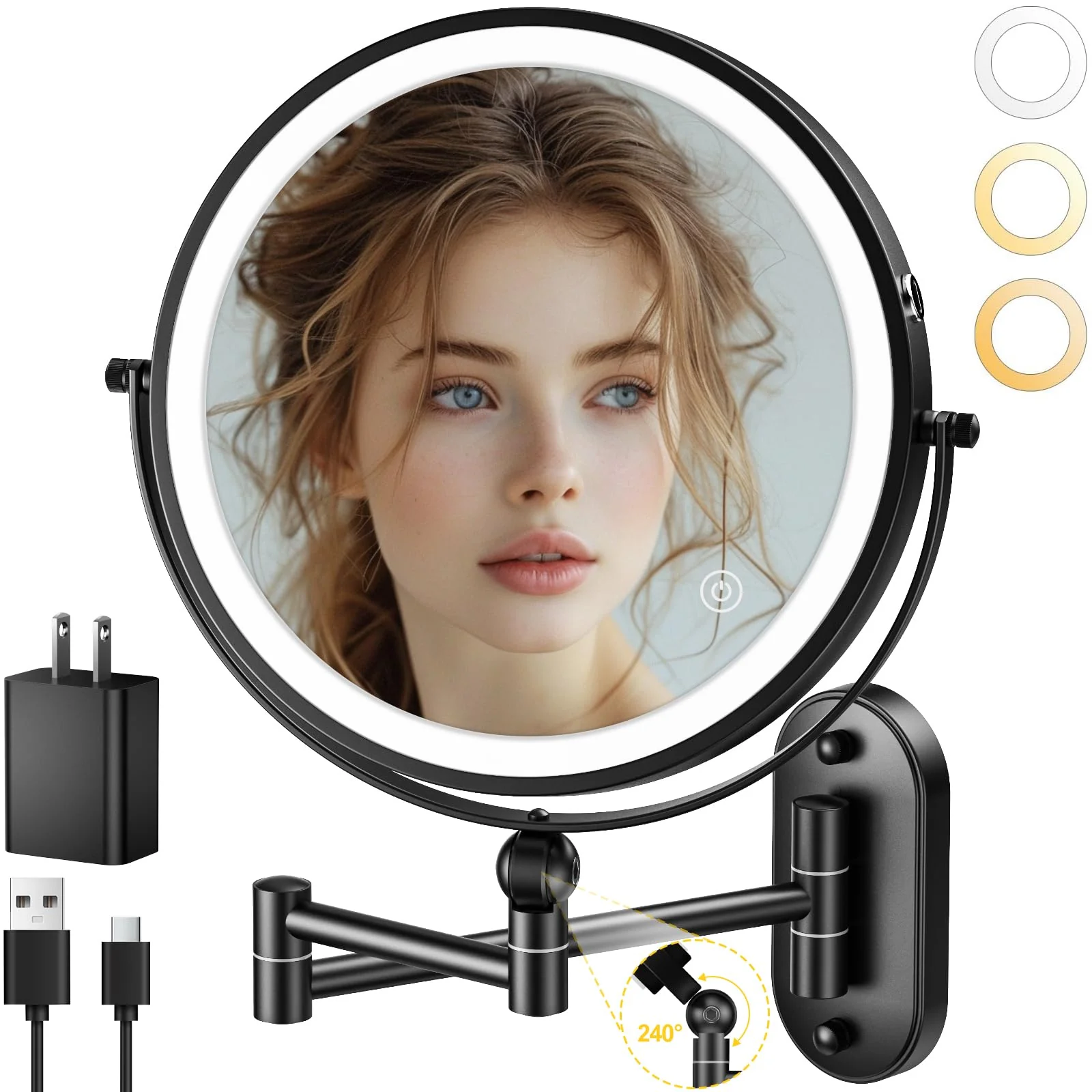 Excellent IMIKONA 8 Inch Vanity Makeup Mirror Wall Mounted Double Sided 1X 10X LED Magnifying Mirror 3 Color Lights 360°Swivel 13 Inch Extendable Bathroom Certified