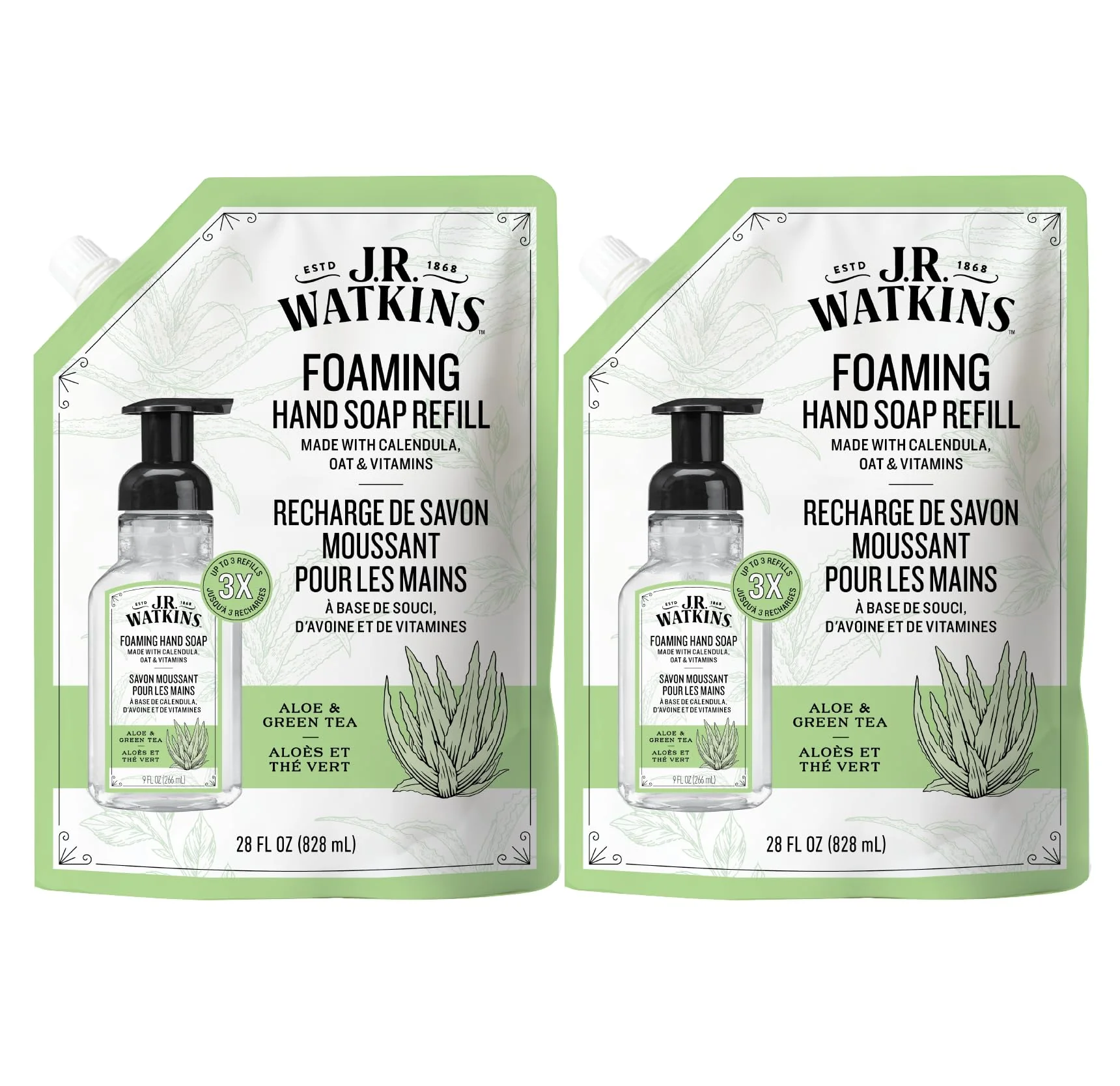 Sustainable J.R. Watkins Foaming Hand Soap Refill Moisturizing Foam Hand Wash Formulated with Plant-Based Cleansers Alcohol- Cruelty- Aloe Green Smooth
