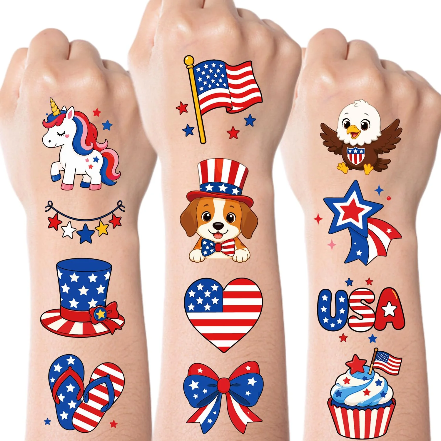 Premium Material JCFIRE 4th of July Temporary Tattoos for Kids Adults Cute Independence Day Fake Tattoos Stickers Fourth of July Red White and Blue 4th of July Certified