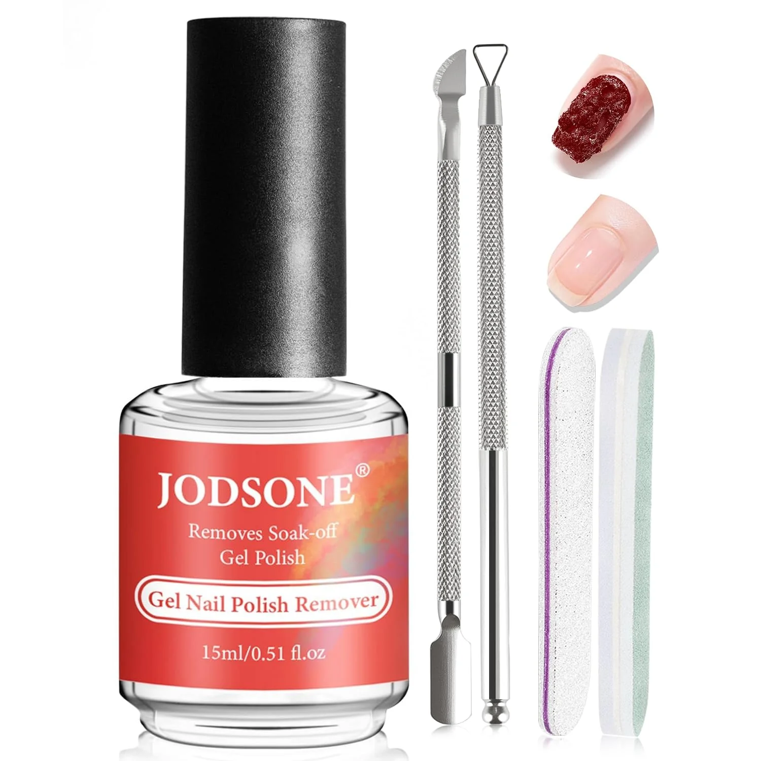 Official JODSONE 15ml Gel Nail Remover No Need Soaking or Wrapping for Quick And Easy Removal At Home with Cuticle Pusher and Nail File Organic