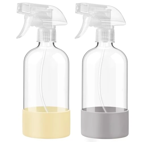 Recyclable JohnBee Glass Spray Bottles with Silicone Sleeve 2 Pack16 oz Empty Refillable Containers with Adjustable Spray Nozzles Spray Bottles for Hair Long-Lasting