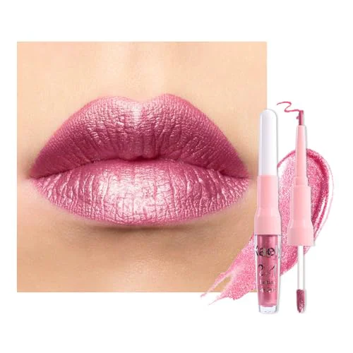 Solid Kaely 2-in-1 Mauve Pink Metallic Lipstick and Lip Liner Shimmer Liquid Metallic Lipsticks for Women Glitter Lip Gloss Stain Long Lasting Waterproof Detailed