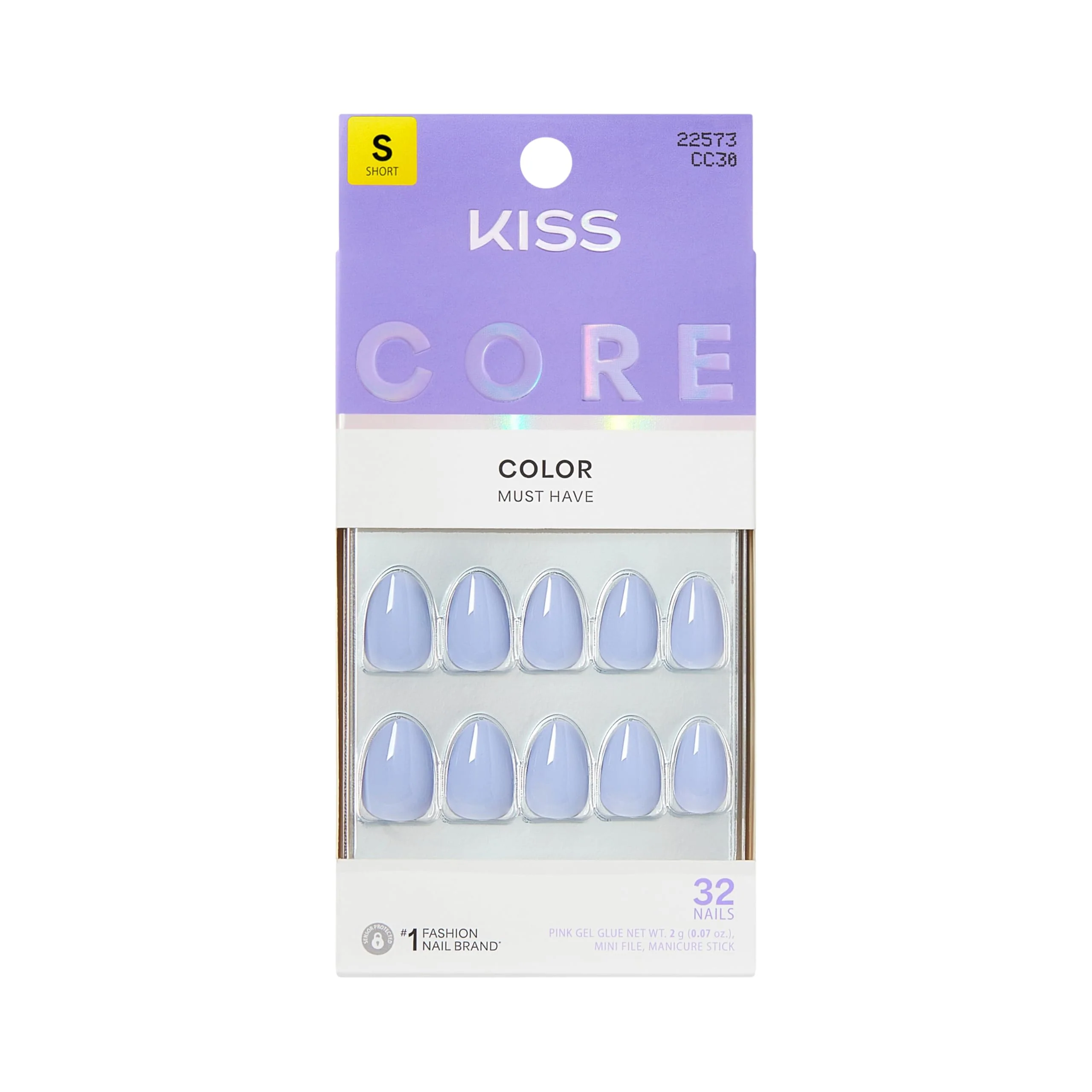 Specialty Kiss Core Press On Nails Nail glue included 'Flee' Blue Short Size Almond Shape Includes 32 Nails 2g Glue 1 Manicure Stick 1 Mini File Modern