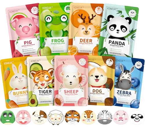 Consistent KONEUK 9 Pack Animal Face Masks Skincare for Kids Bulk Sheet Hydrating Face Mask for Kids Skin Care Collagen Face Mask for Teens Women Sleepover Sophisticated