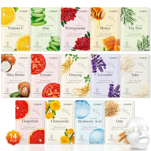 Advanced KONEUK 14 Pack Sheet Face Masks Skincare Hydrating Face Masks Suitable for Dry Skin Bulk Facial Mask Set for Women Skin Care Face Mask Gifts Set Refined