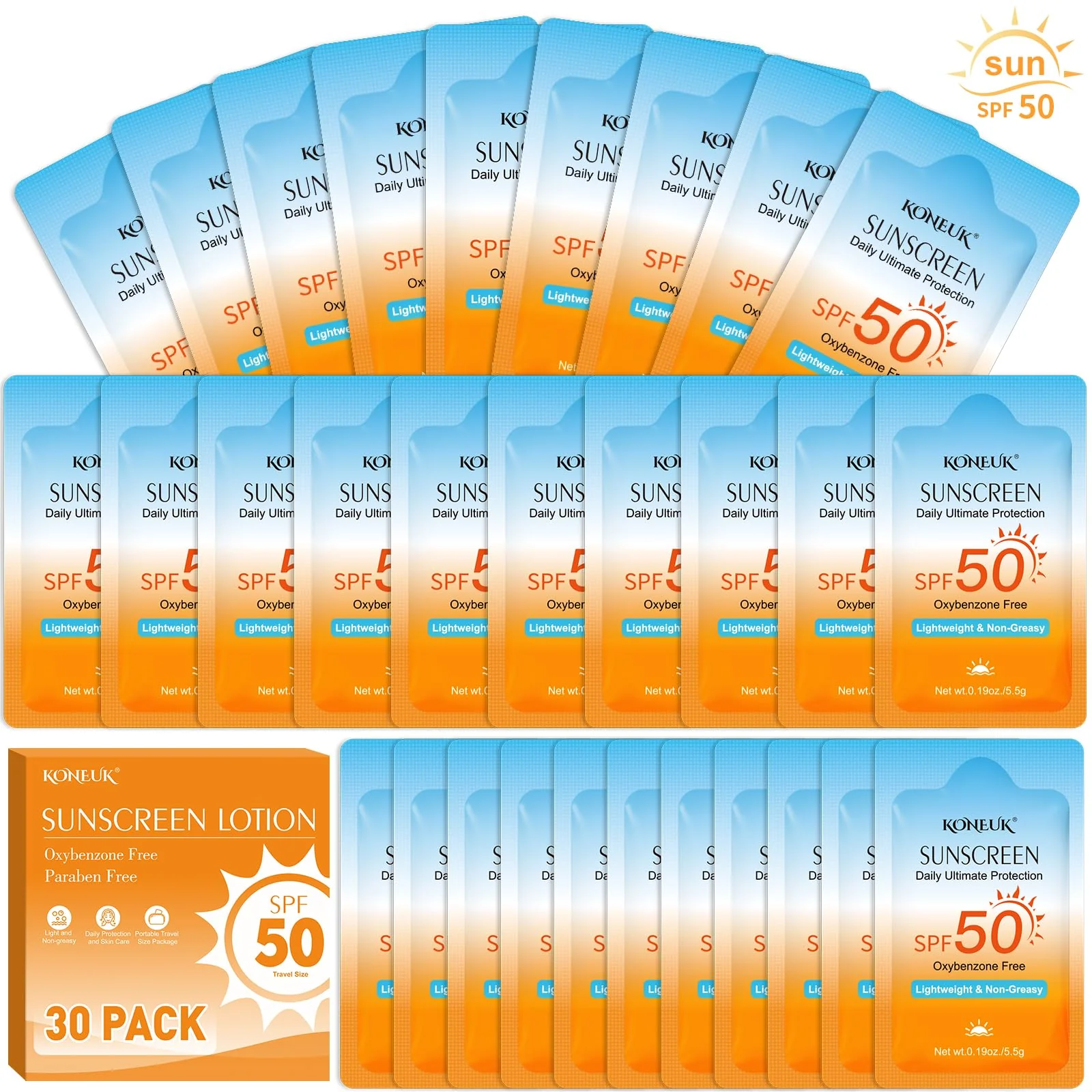 Reusable 30 Pack Travel Size Sunscreen SPF 50 Bulk Mini Sunscreen for Face and Body Lightweight and Non-Greasy Travel Size for Summer Beach and Outdoor Green