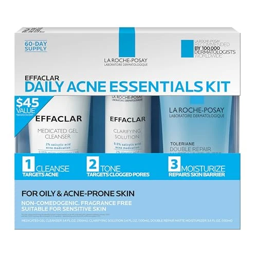 Natural Effaclar Daily Acne Essentials Kit Acne Treatment System Salicylic Acid Acne Cleanser Pore Refining Toner Matte Face Moisturizer for Oily Skin Enhanced