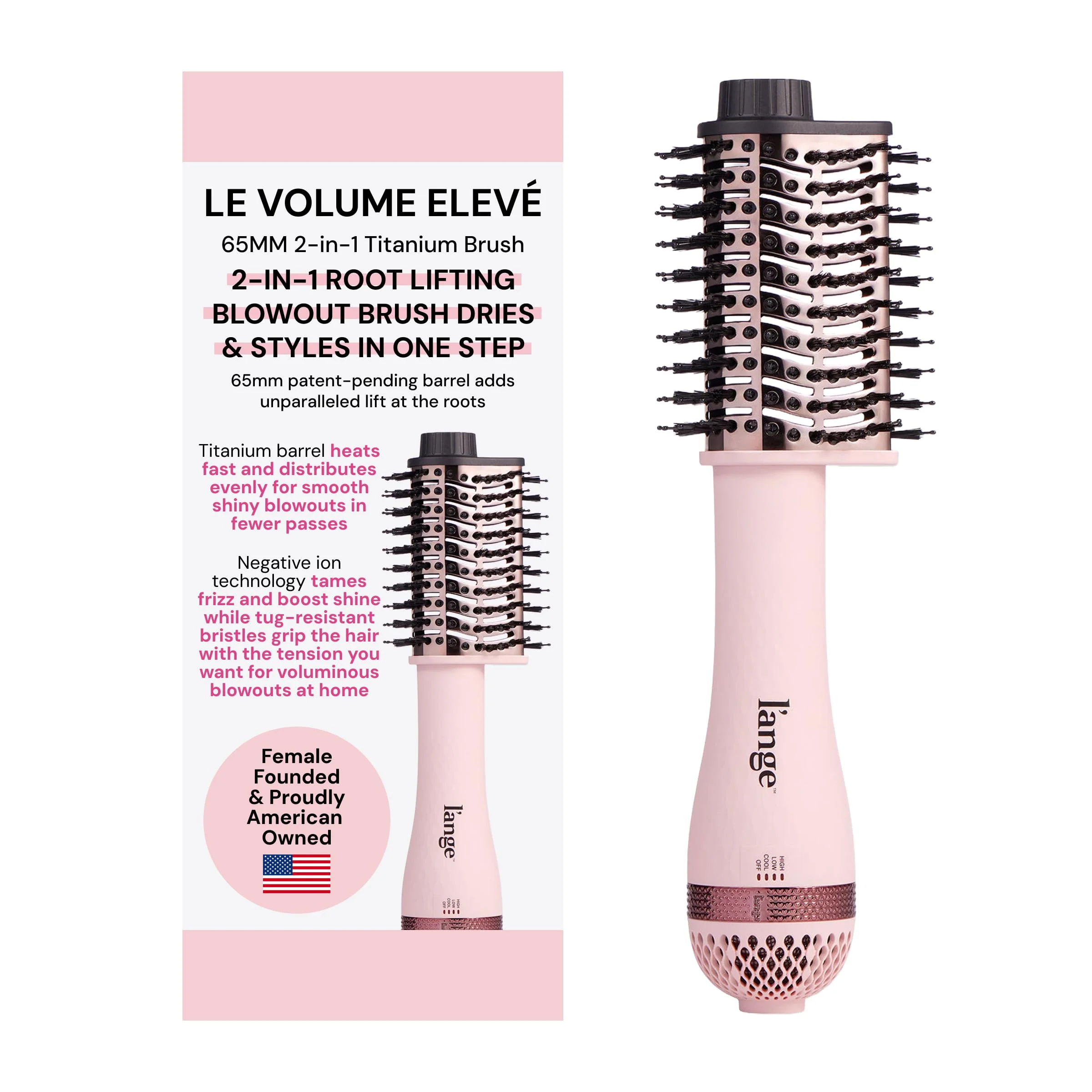 L'ANGE HAIR Le Volume Elevé 65MM 2-in-1 Titanium Brush Dryer Dry and Style Unique Teardrop Shape Barrel 3 Heat Settings 360° Vented Airflow Authentic