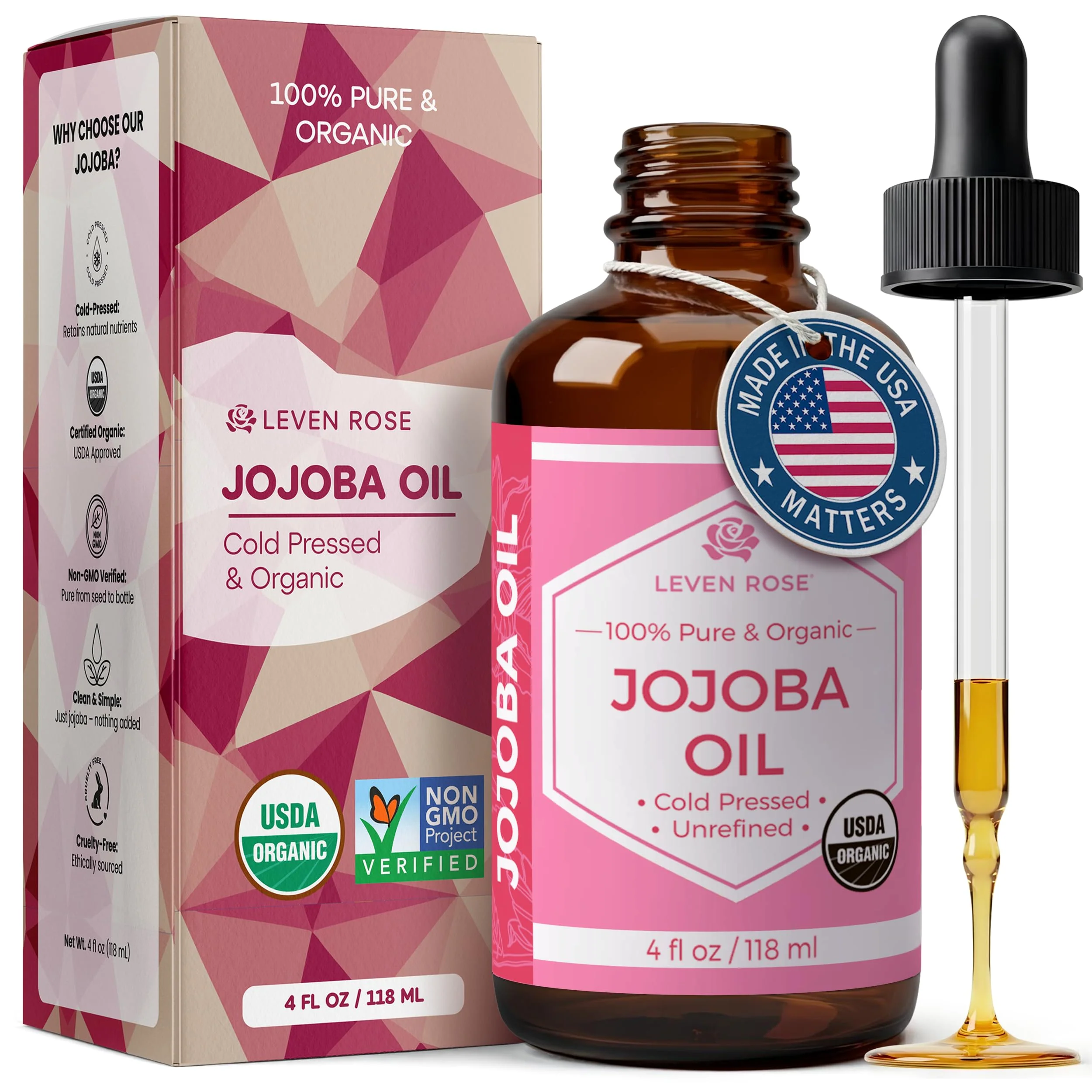 Quality Leven Rose Jojoba Oil Pure Cold Pressed Natural Unrefined Moisturizer for Skin Hair and Nails 16 Fl. oz Healthy