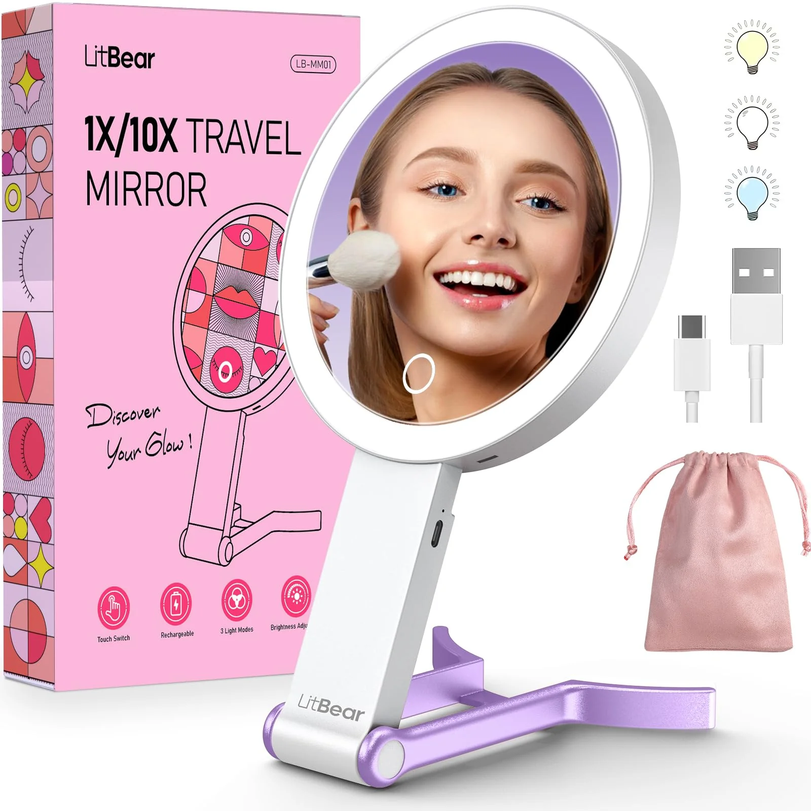 Environmentally Friendly LitBear Travel Makeup Mirror with Light Rechargeable Double-Sided 10X 1X Magnifying Mirror Portable Lighted Beauty Mirror 3 Color Lighting Clean