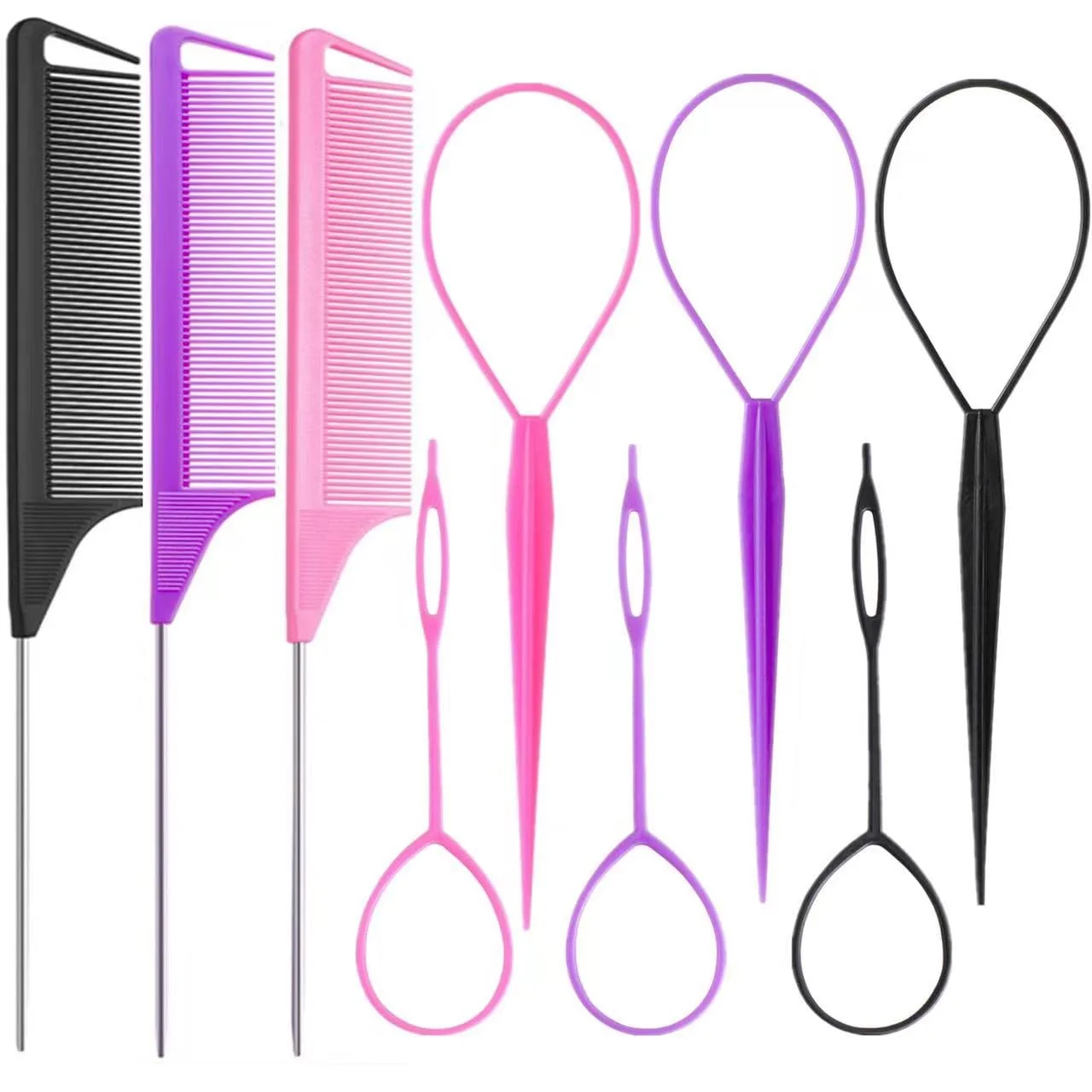 Relaxed Luumxai 9pcs Topsy Hair Tail Tool and rat tail comb set 6pcs French Braiding Tool ring 3Pcs Metal Parting Combs Woman Girl Hair Styling Pink Purple Practical
