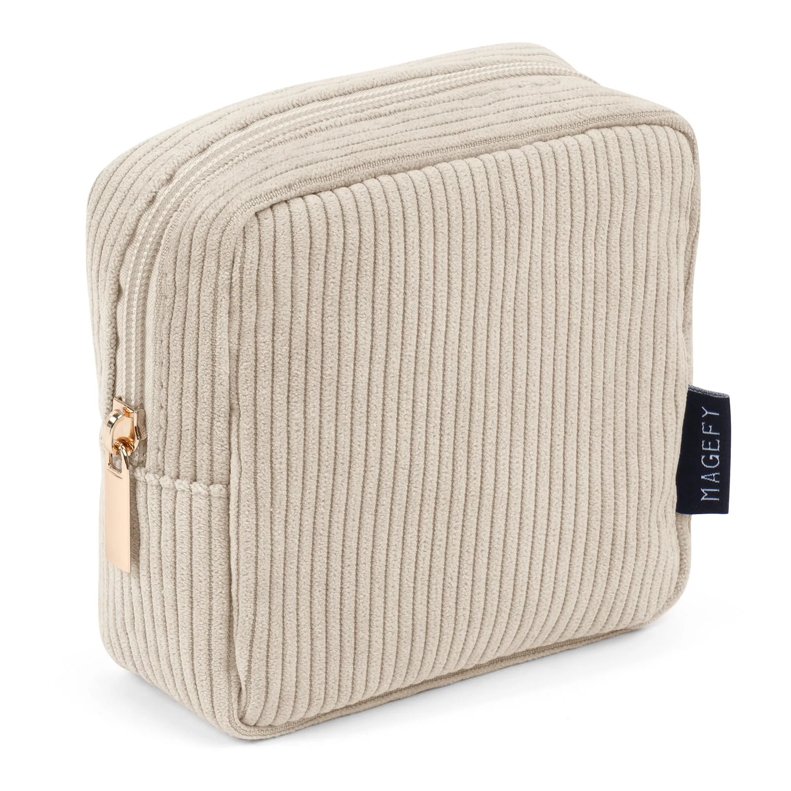 Elegant MAGEFY Small Makeup Bag for Purse Mini Cosmetics Bag Corduroy Cute Cosmetic Pouch for Women with Slip-in Pockets Beige Natural