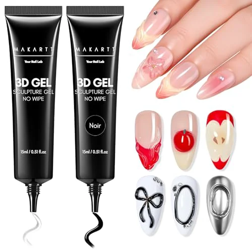 Quality Makartt 3D Gel Nail Art Set - Clear Noir Sculpting Gel for DIY Embossed Nail Designs - No Wipe Easy-Squeeze Tube Nail Glue for 3D Drawing Molding Unique