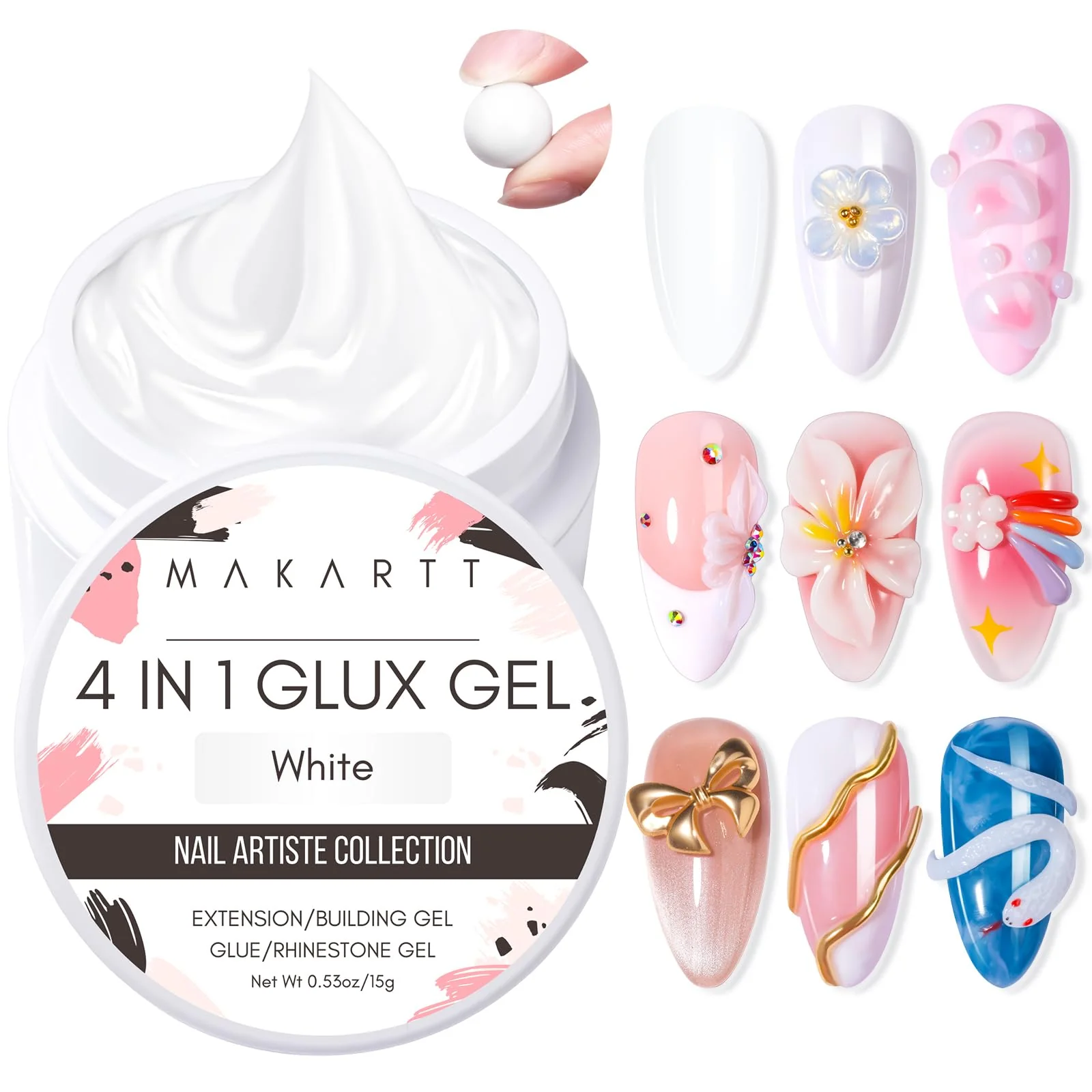 Convenient Makartt White 3d Gel Nail Art 4-in-1 3d Nail Gel Sculpting Gels White Non-sticky for Extension Shaping 15ML Solid Builder Nail Gel for Nail Green