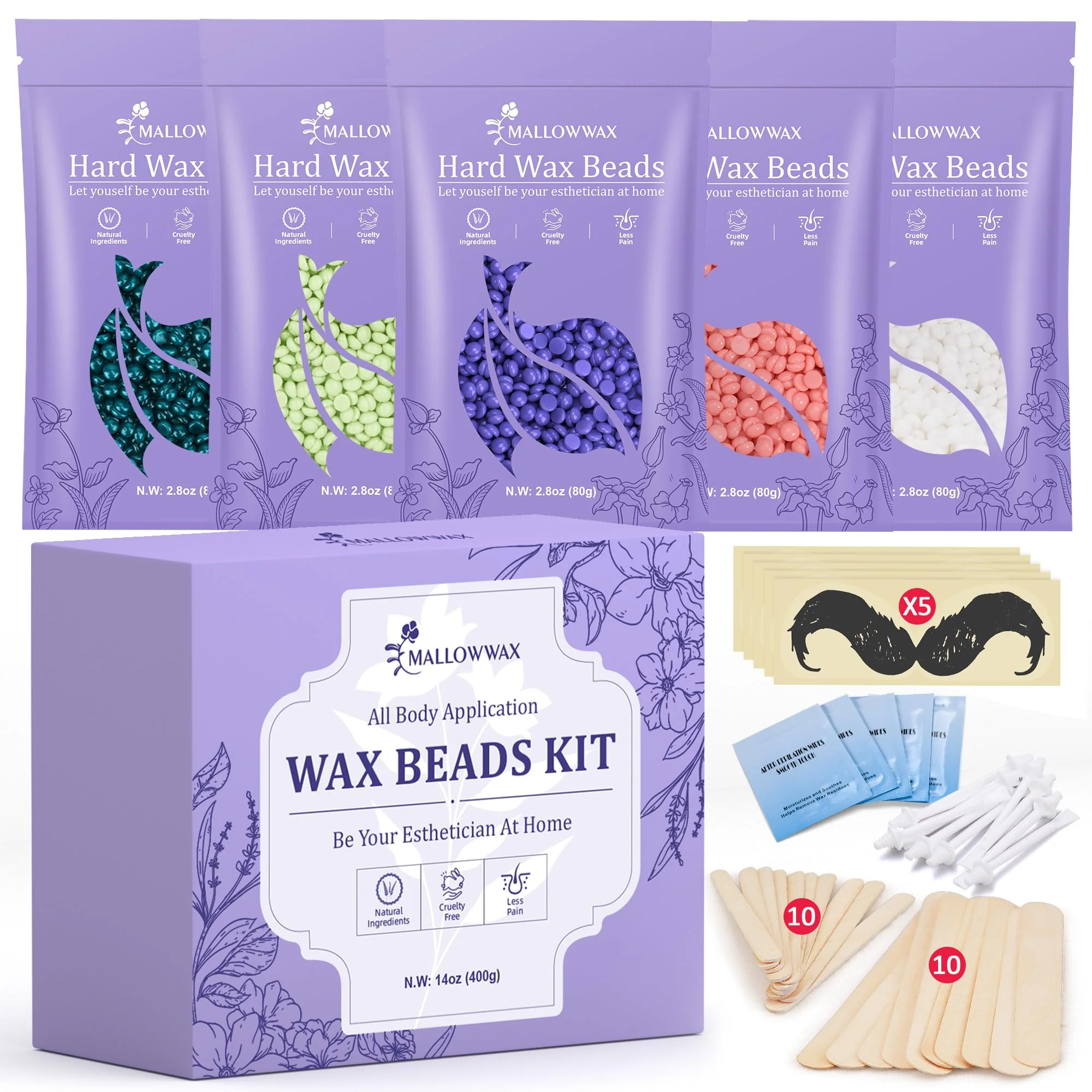 Optimized Mallowwax Wax Beads for Hair Removal -5 Pack Hard Wax for Sensitive Skin I for Bikini Brazilian Face Eyebrow Legs Armpit Full Body Fashionable