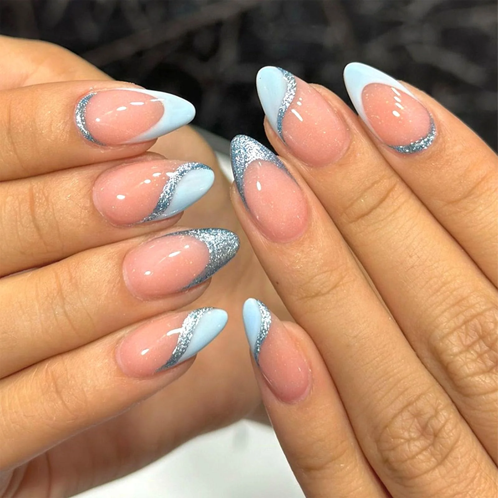 Safe Blue French Tip Press on Nails Short Fake Nails Almond Glitter Glue on Nails Light Pink Full Cover Acrylic Nails Press ons Glossy Artificial False High-End