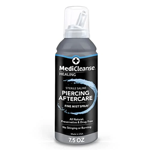 Reusable MediCleanse Sterile Saline Piercing Aftercare Fine Mist Spray 7.5 Ounce All Natural No Alcohol Vegan Friendly for Piercings and Tattoos Made in Sophisticated