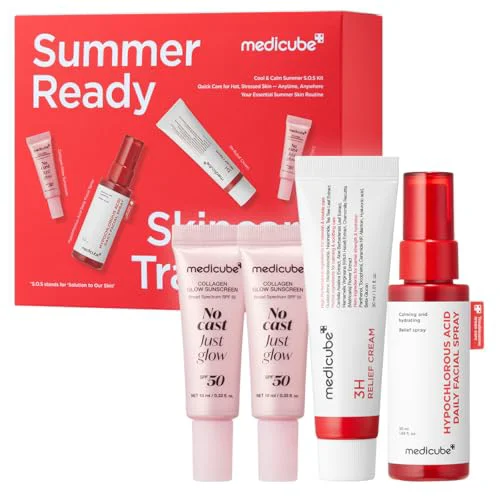 Selected medicube Summer-Ready Skincare Travel Kit Quick Cooling Soothing Essential HOCl Spray Relief Cream SPF 50 Sunscreen for Irritated Skin Practical