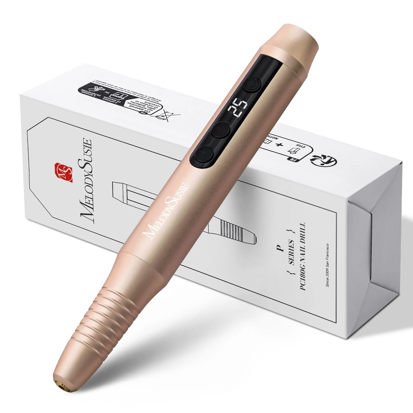 Sophisticated MelodySusie Pen-Shaped Portable Cordless Nail Drill PC180G 25000RPM Rechargeable Electric File with LED Display for All Nail Care Manicure Shaping Long-Lasting